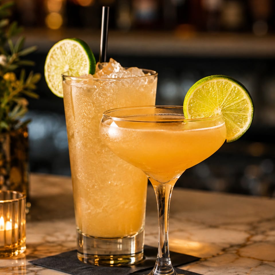 Two citrus cocktails sit on black napkins at a warmly lit bar, garnished with lime slices and served over ice.