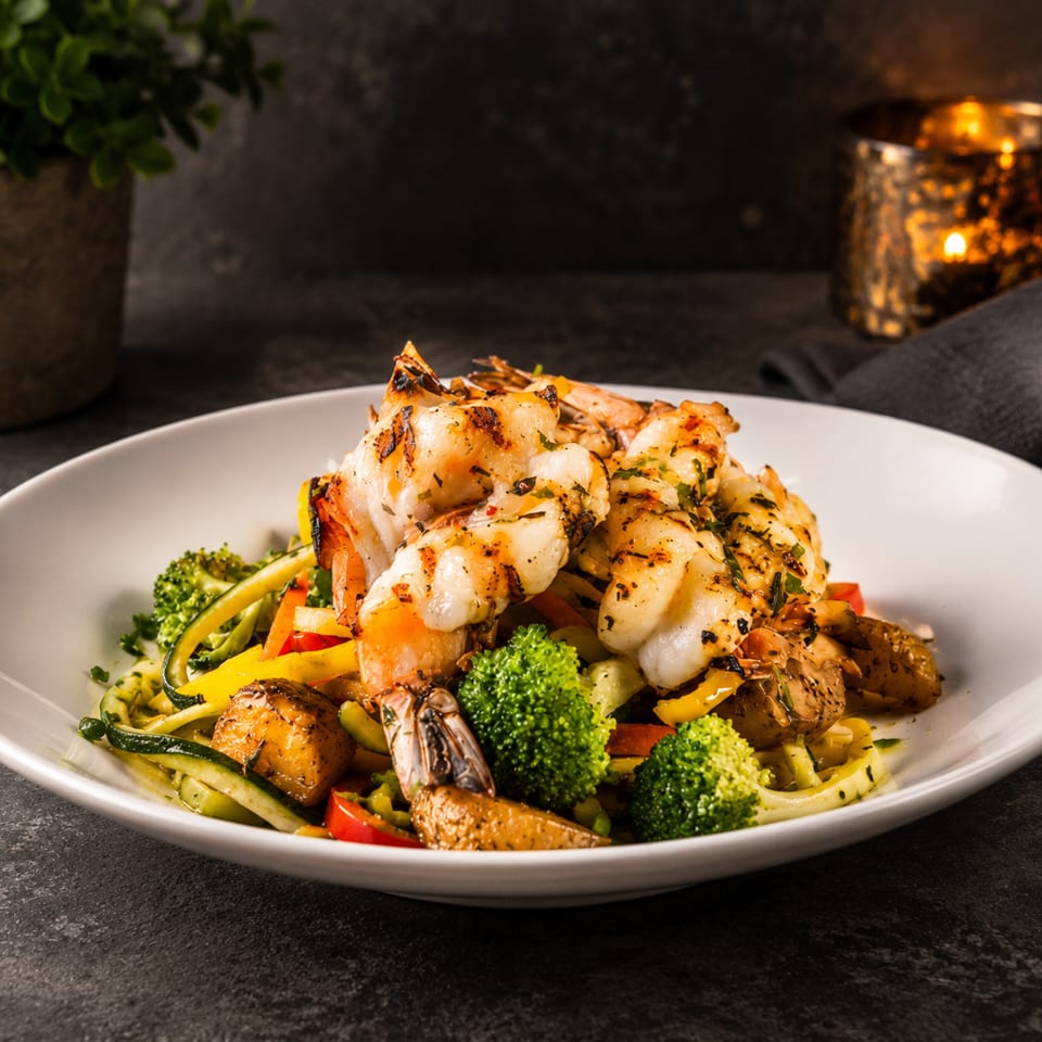 Grilled shrimp and lobster tail served over roasted potatoes, zucchini noodles, broccoli, and colorful peppers.