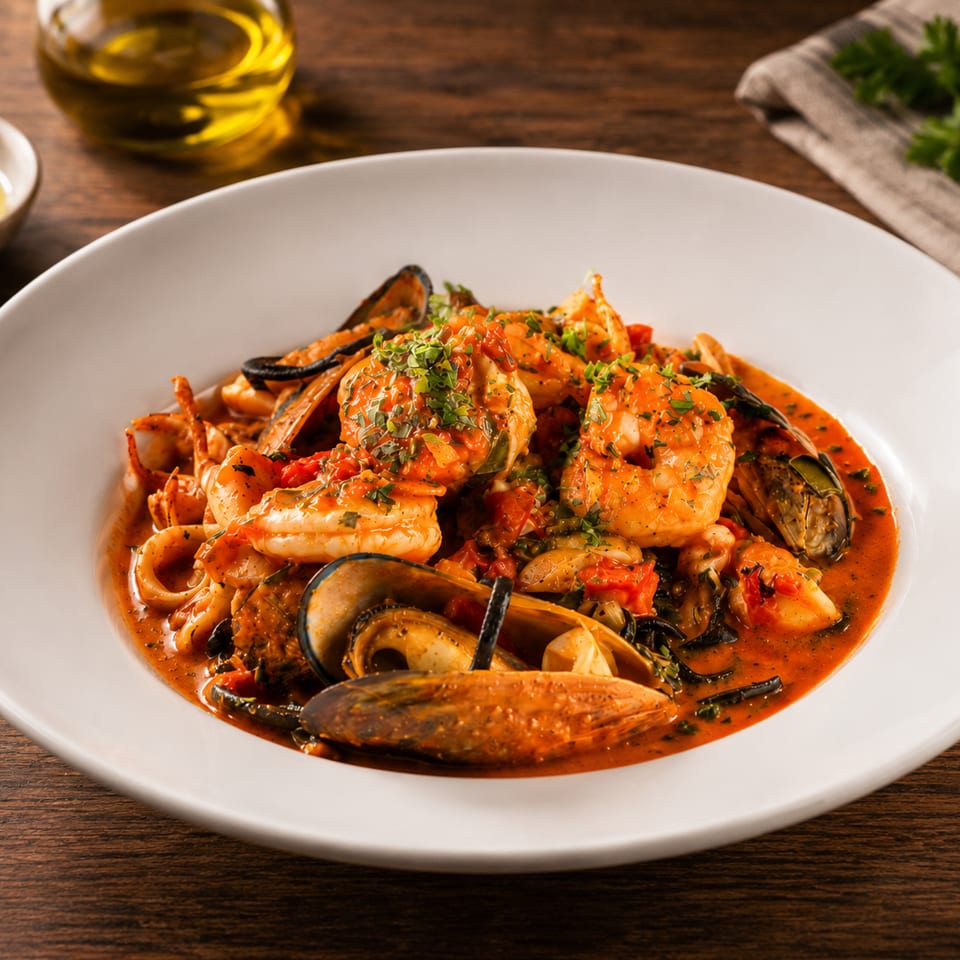 Seafood pasta with shrimp, mussels, calamari, and crab in spicy tomato sauce, garnished with fresh herbs.